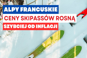 napis Alpy Francuskie, ceny skipassów rosną szybciej od inflacji na tle zielonych nart na śniegu